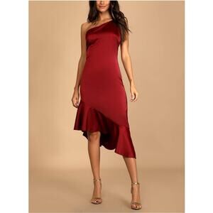 Lulus Sweet and Stylish Burgundy Satin One-Shoulder Midi Dress XS NWT